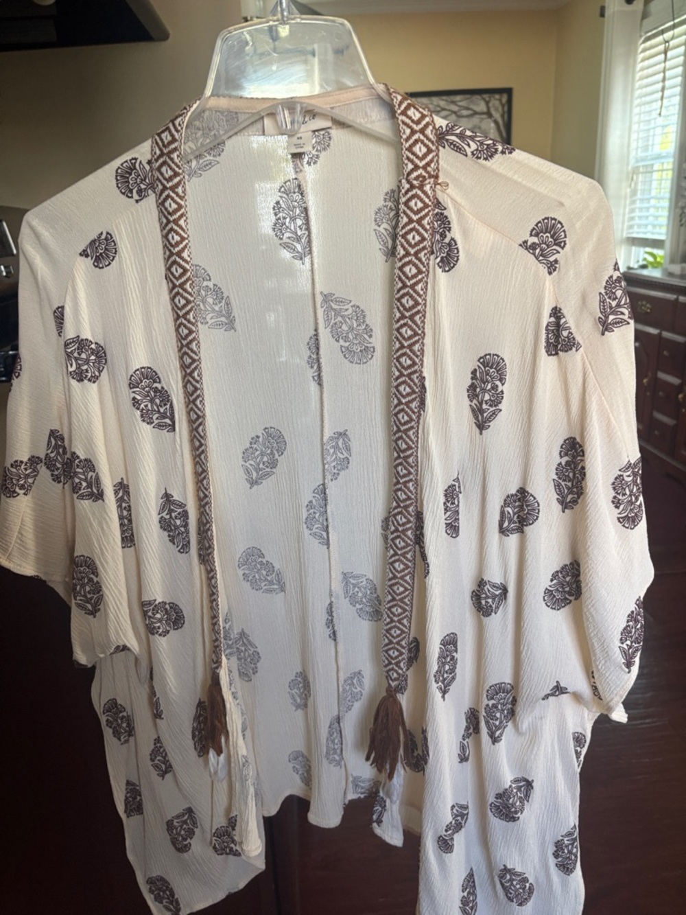 Style & Co. Cream Kimono Tunic with Brown Print and Tassels